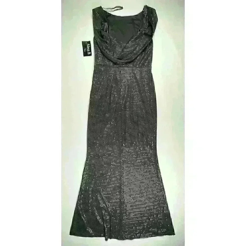 NEW! Alexa B Nites Women’s 6 Sequin Drape Back Detail Boat Neck Sleeveless Dress